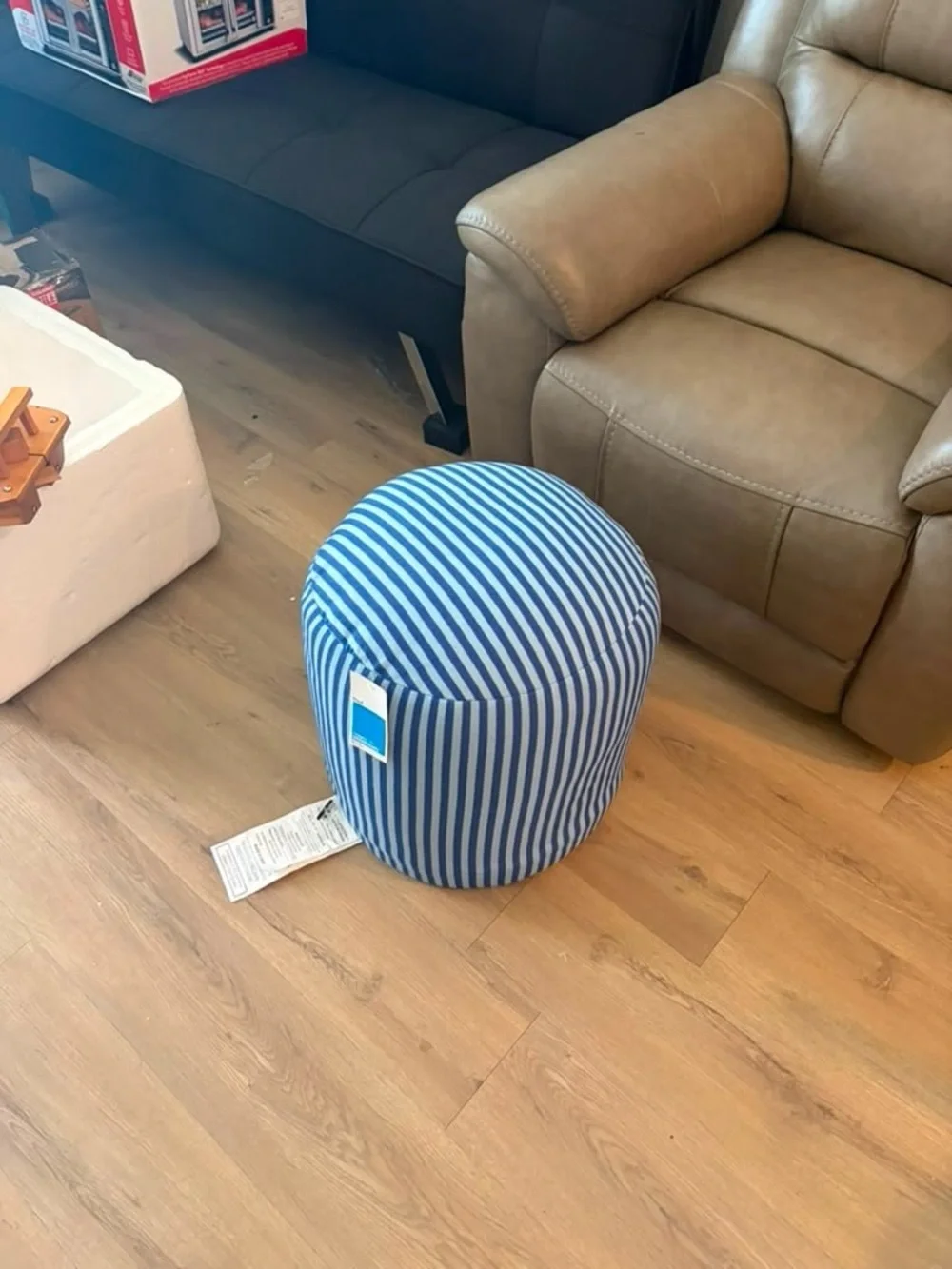 Blue Stripe Round Accent Pouf Ottoman by